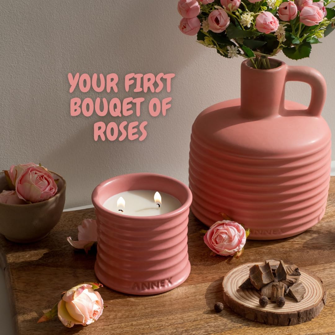 Scented Luxury Candles in Handmade Ceramic Jars, Soy Wax | Canal Rose – Rose Bud & Oud Scented, Large Candle | Non Toxic, 2 Wicks, Reusable Big Pink Jar | Natural Spring Aromatherapy for Women & Men