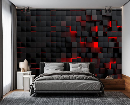Tech Red Blocks Wall Mural Wallpaper for Bedroom 103" x 69"