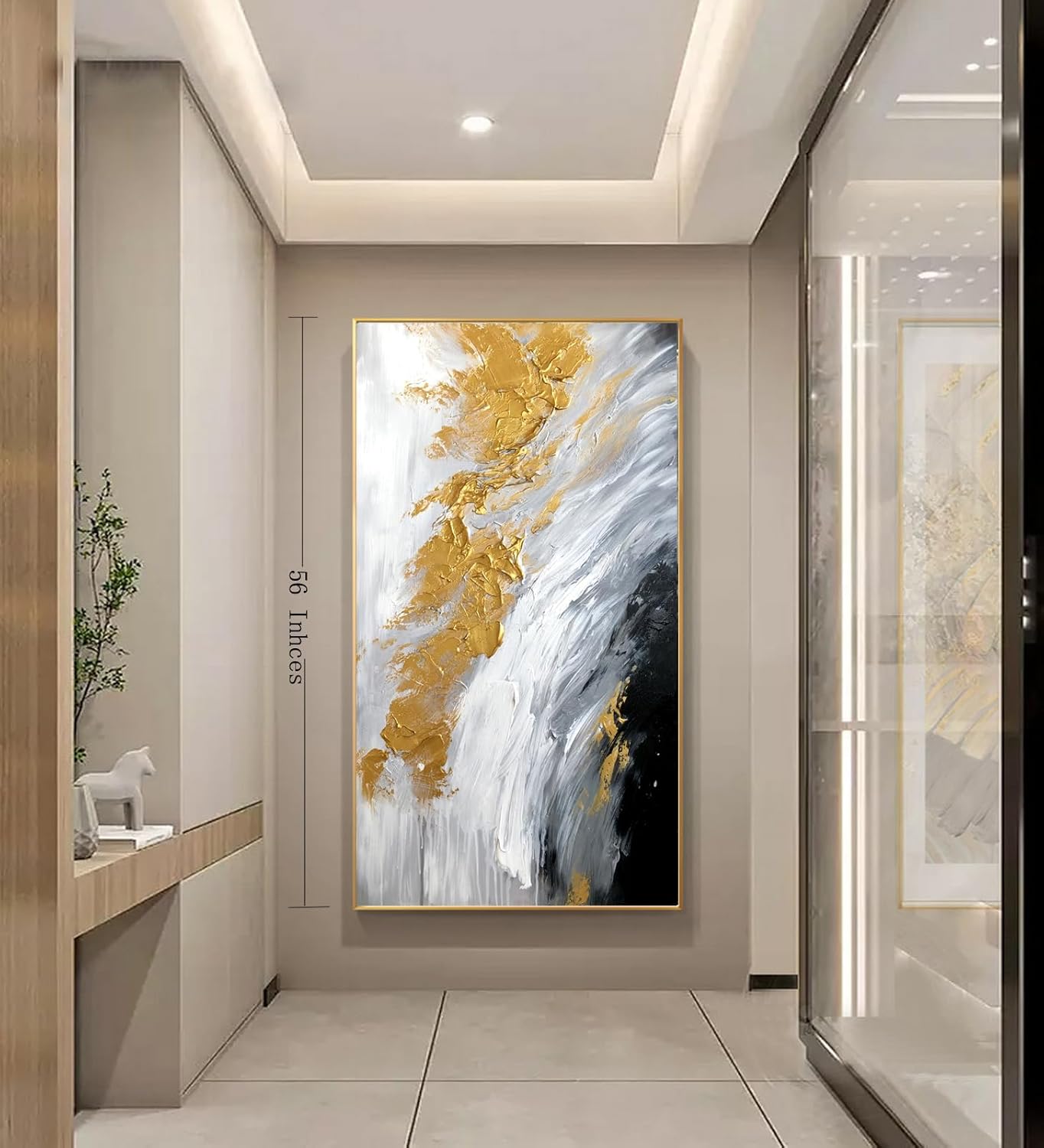 Large Gold Abstract Oil Painting on Canvas for Entrance-Hall, Hand Painted White and Black Wall Art for Living Room,Modern Framed Wall Picture for Bedroom Kitchen Home Decoration 28x56inch
