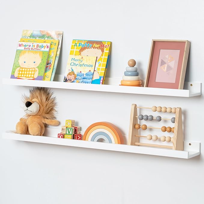 Picture Ledge Shelf for Wall, 36 inch Solid Pine Wood Nursery Book Shelves 2 Packs, Floating Ledge Shelves for Kids' Room Bedroom Bathroom Living Room Photo Frames Office Nursey Wall Decor, White