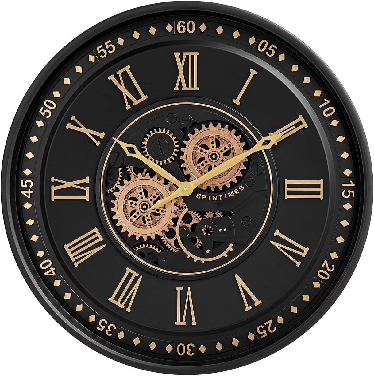 CLXEAST 24 Inch Wall Clock with Moving Gears, Black Gold Roman Numeral Wall Clocks for Modern Farmhouse Living Room Decor,House Warming Gifts New Home