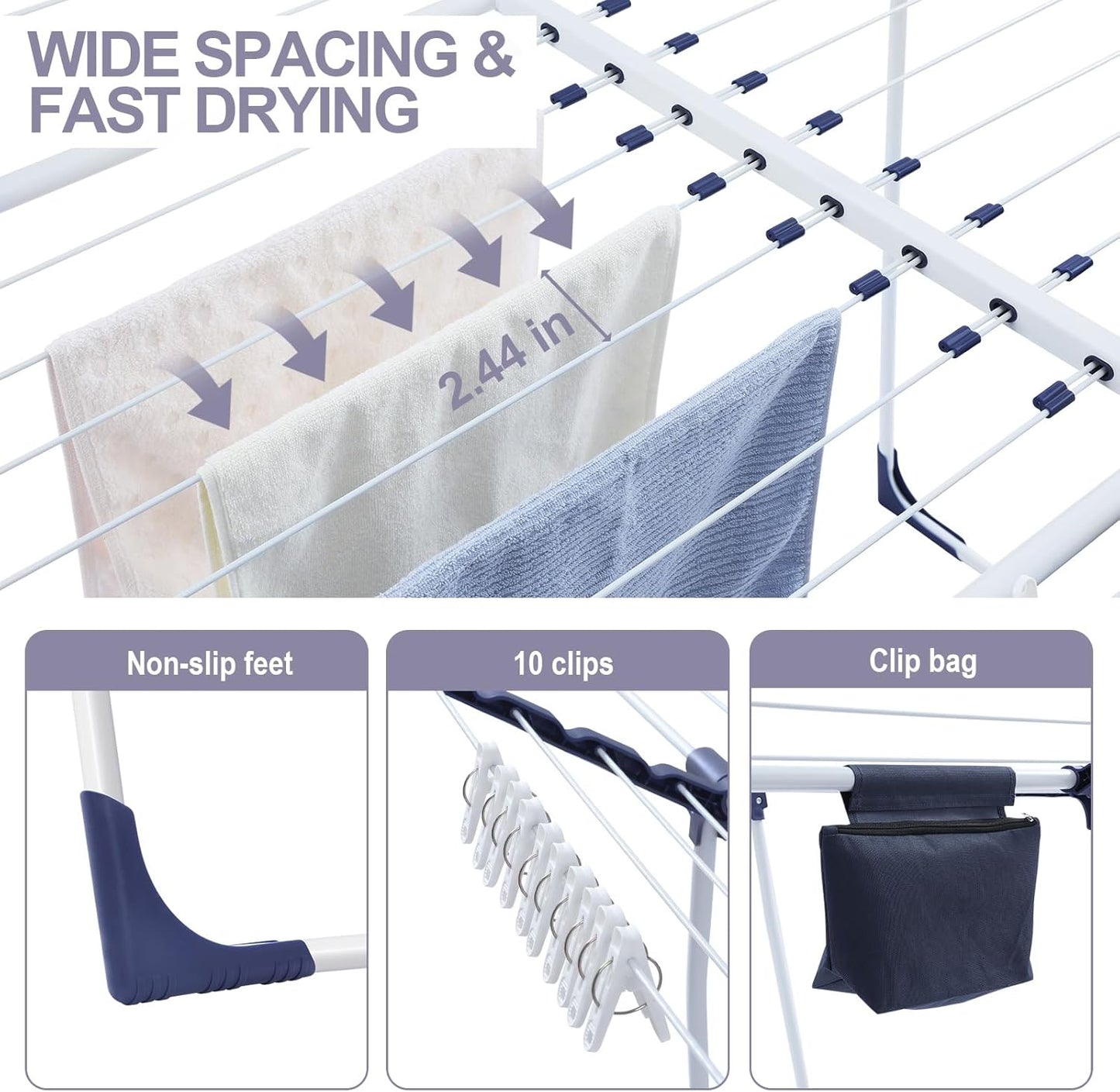 APEXCHASER Clothes Drying Rack, Foldable Gullwing Laundry Rack for Indoor Outdoor, 10pcs Clips with Bag, Collapsible Space-Saving Drying Rack for Clothes Towels Dolls, White