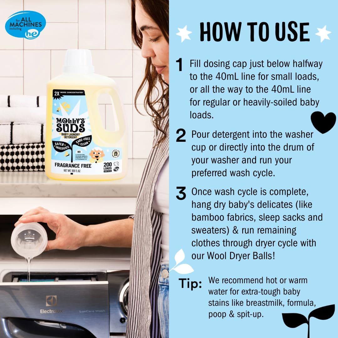 Molly's Suds Baby Liquid Laundry Detergent | Removes Formula, Poop & Spit-Up Stains | Extra Gentle for Infants, Babies, Toddlers (Fragrance Free, 100 Loads)