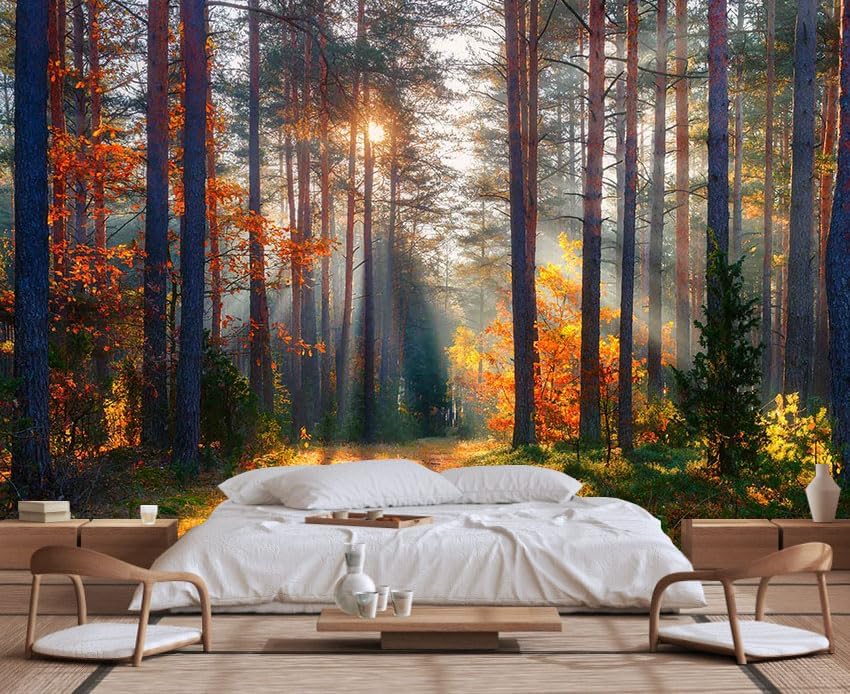Autumn Sunshine in The Woods Wallpaper, Natural Landscape Mural, Modern Living Room Bedroom Backdrop Wall Mural(Non-self-Adhesive)