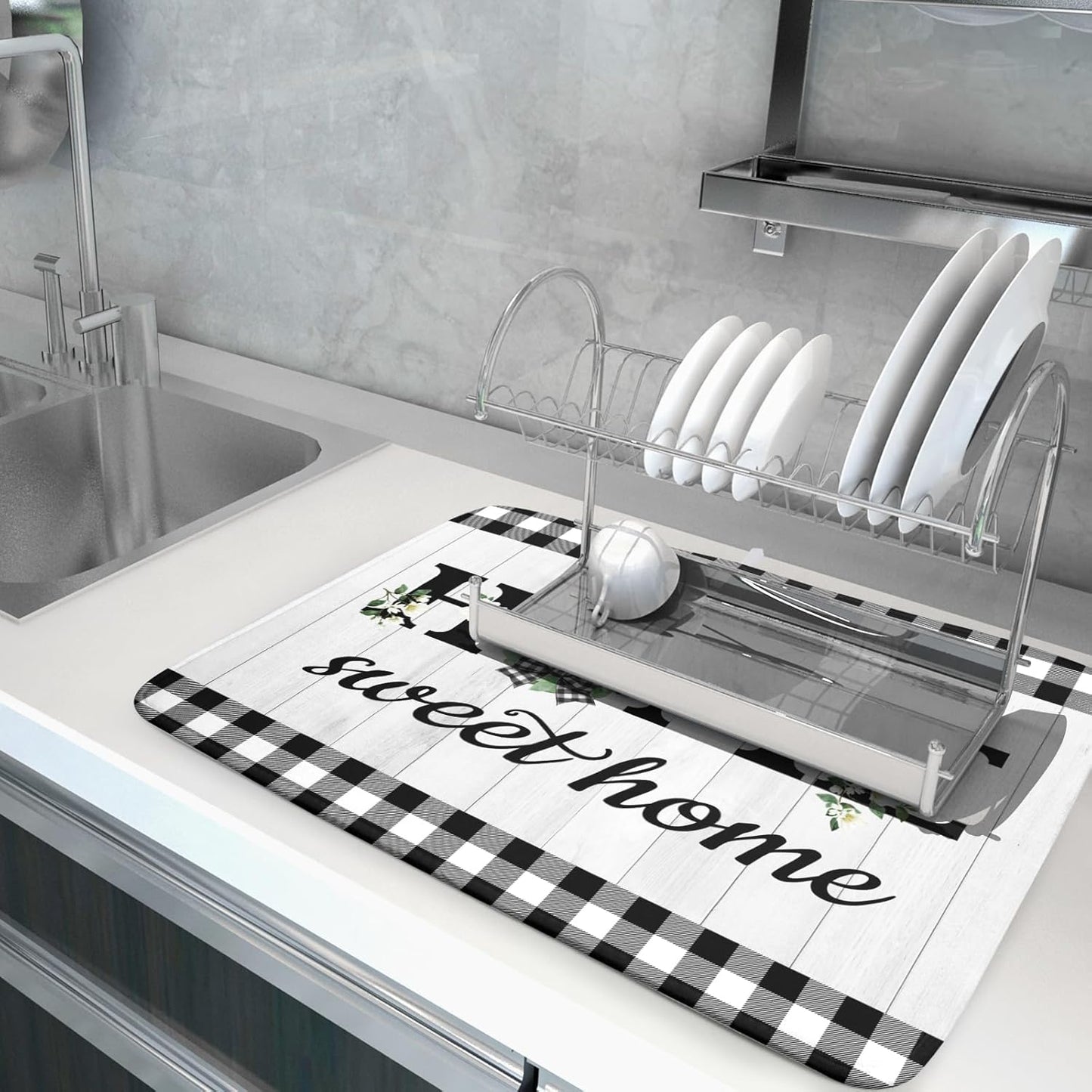 Farmhouse Rustic Dish Drying Mat for Kitchen Counter Sweet Home Spring Floral Absorbent Reversible Microfiber Kitchen Countertop Protector Dishes Pad Large 18x24 inch