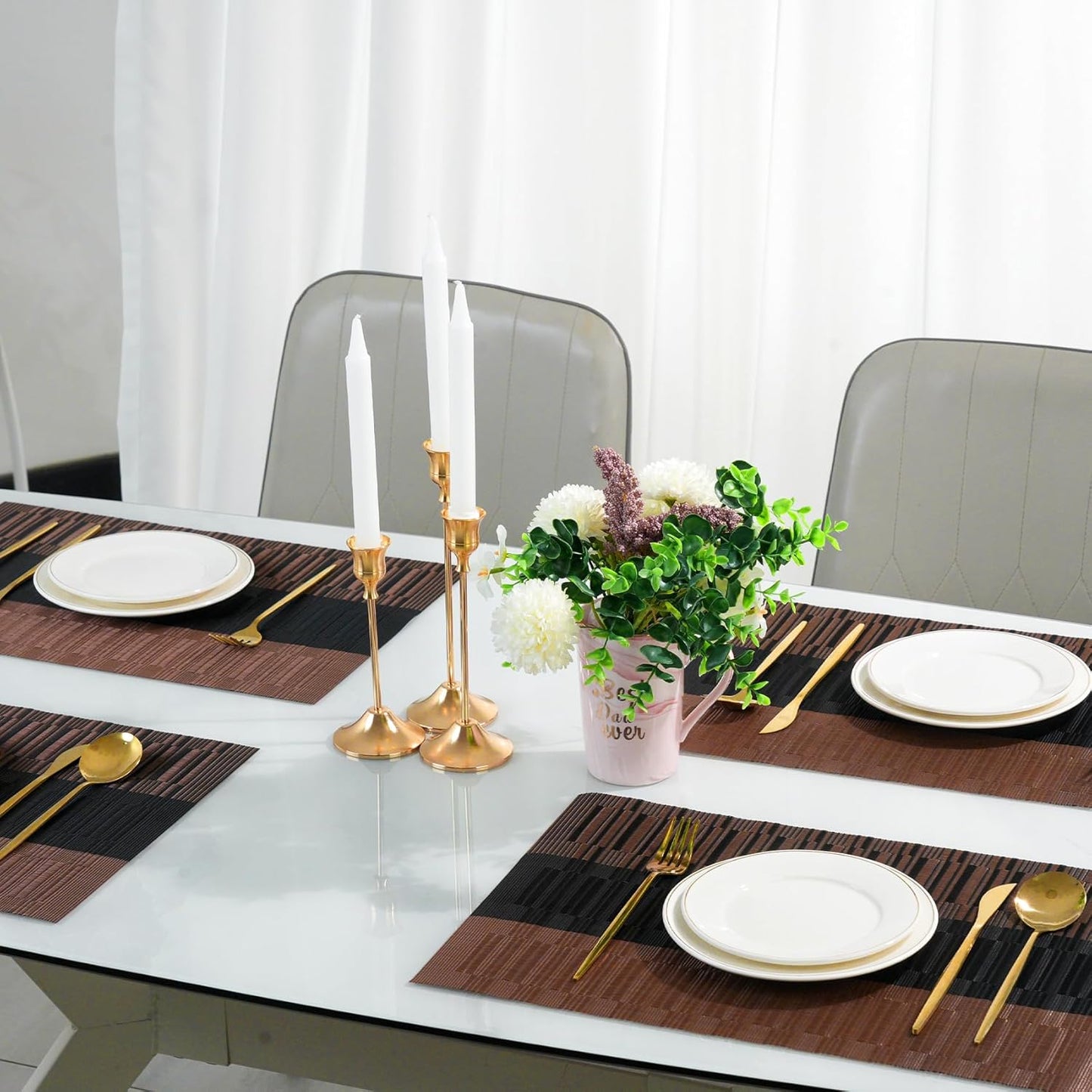 Placemats Set of 12，Non-Slip PVC Weave Table Mats Easy to Clean，Heat Resistant Place Mats for Kitchen Dining Table Decoration Indoor Outdoor，Black Brown