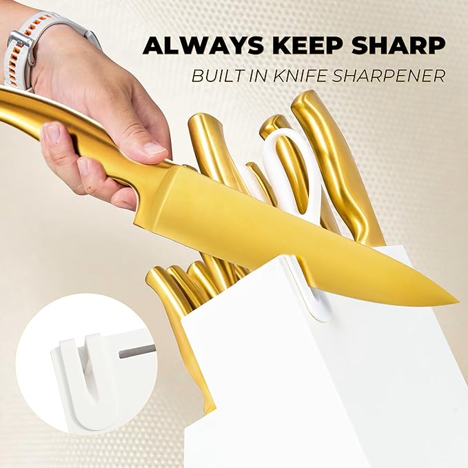 ZHANG XIAO QUAN SINCE 1628 15Pcs Knife Sets with Block, 50Cr15MoV Stainless Steel kitchen knife set with Built-in Sharpener Dishwasher Safe(Golden)