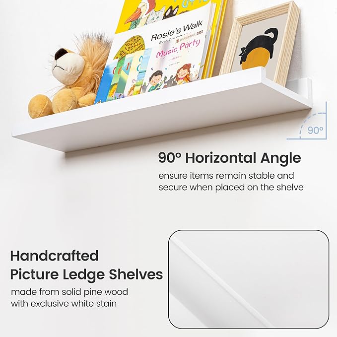 Picture Ledge Shelf for Wall, 48 inch Solid Pine Wood Nursery Book Shelves 2 Packs, Floating Ledge Shelves for Kids' Room Bedroom Bathroom Living Room Photo Frames Office Nursey Wall Decor, White
