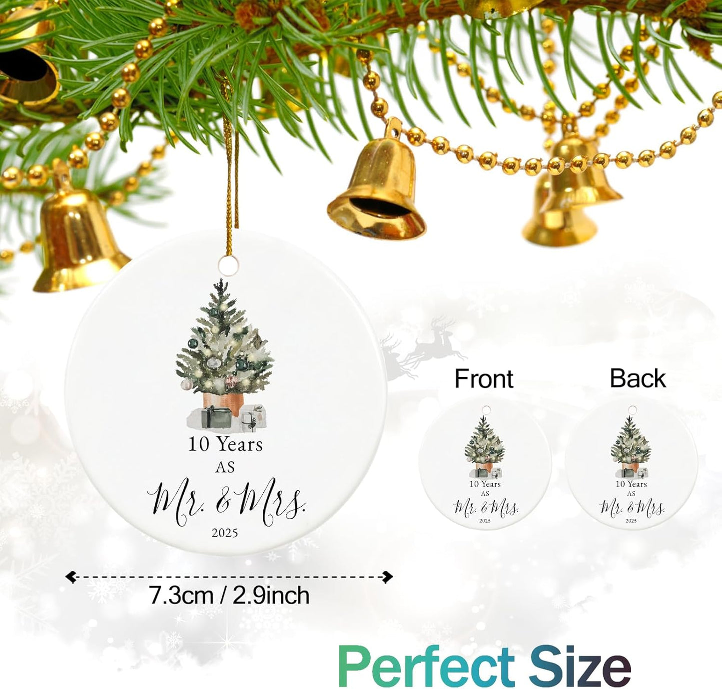 10th Anniversary Ornament Gifts for Couple, 10th Wedding Anniversary for 10 Year as Mr and Mrs Gifts, Ceramic Keepsake 10 Year Anniversary Christmas Ornaments with Ribbon and Box