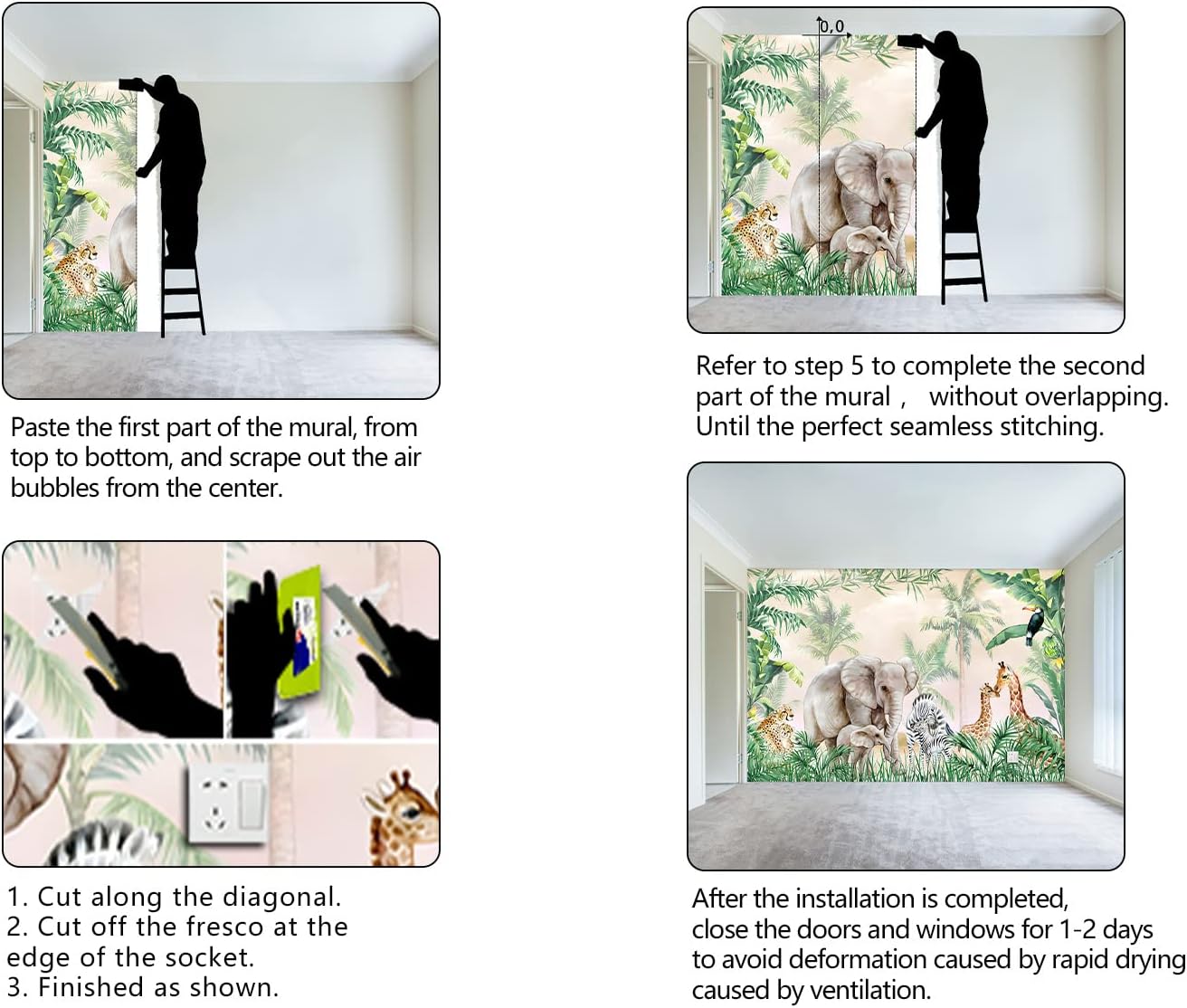 Tropical Animal Plants wallpeper Nursery Kids Bedroom Elephant Wall Mural - 137"x96"（Not Peel and Stick）