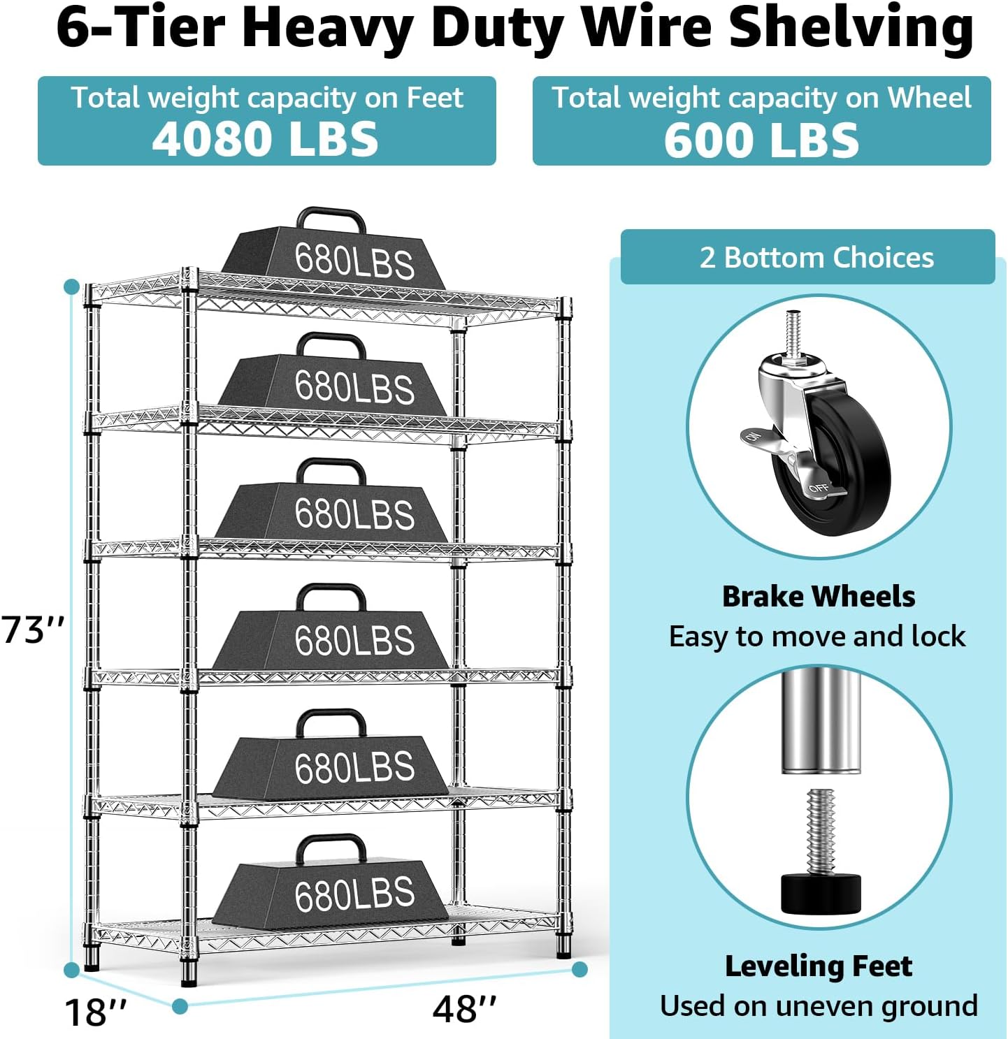 Steel Storage Shelving 6-Tier Utility Shelving Unit with Wheels, Steel Organizer Wire Rack for Home,Kitchen,Office,Garage,17.7" D x 47.2" W x 76.7" H