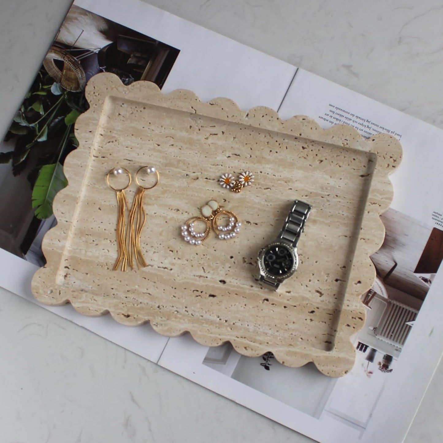 Natural Luxury Scalloped Marble Tray 10.8"x8", Rectangle Vanity Tray for Bathroom Kitchen Counter, Decorative Tray for Dresser Home Decor (Beige Travertine)