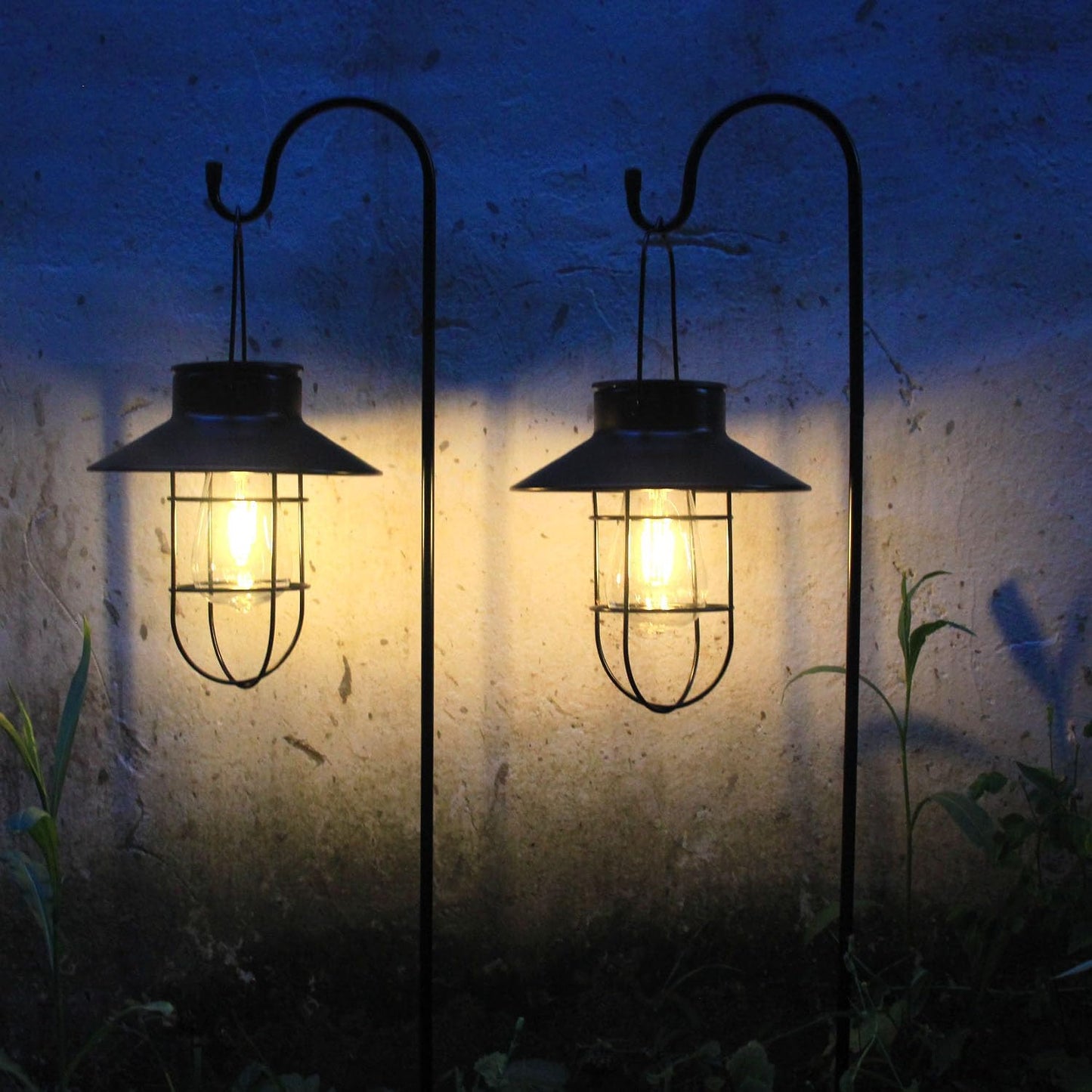 4 Pack Hanging Solar Lantern Lights with Shepherd Hook, Metal Waterproof Warm White Edison Bulb Lights for Garden Outdoor Pathway