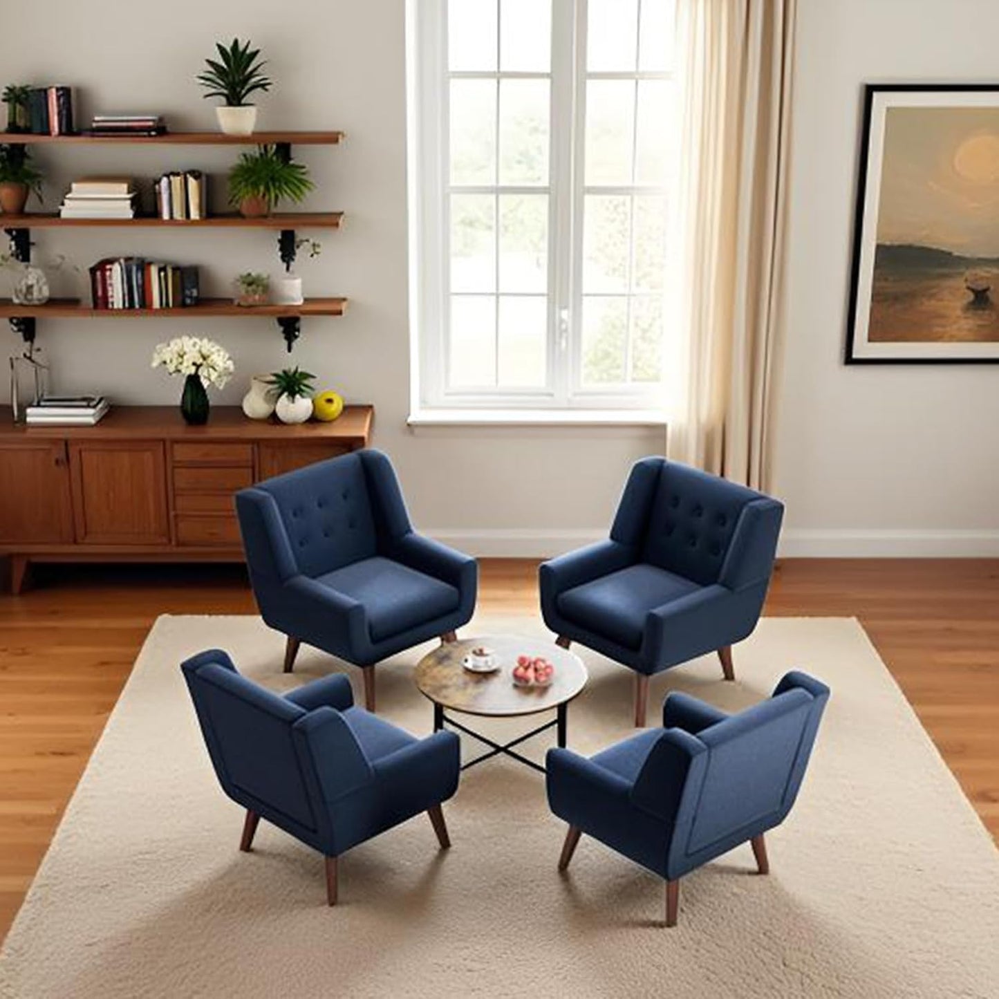 HUIMO Accent Chairs Set of 4, Upholstered Button Tufted Armchair, Linen Fabric Sofa Chairs for Bedroom, Living Room, Mid Century Modern Comfy Reading Chair (4, Dark Blue)