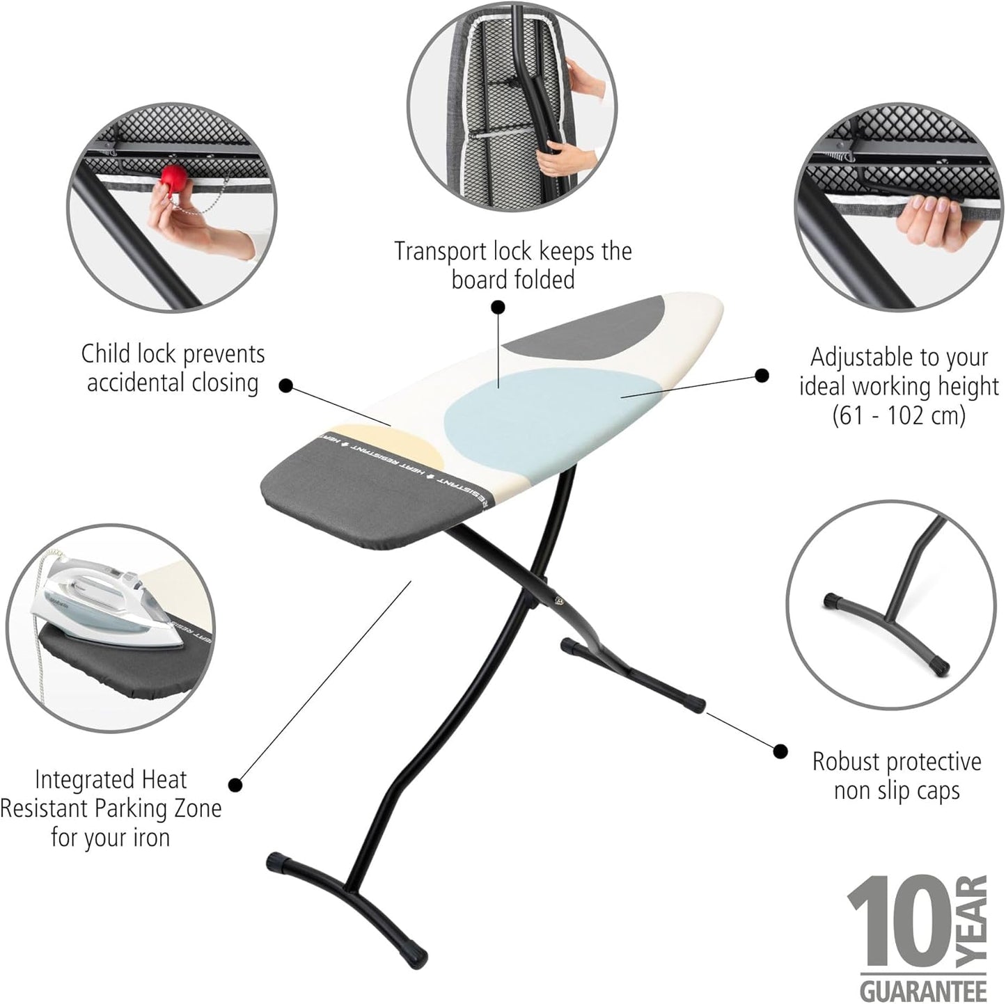 Brabantia Size D Ironing Board (53x18 in) Heat Resistant Parking Zone, Silver Frame, Non-Slip Feet, Suitable for Sit Down Ironing (Spring Bubbles)