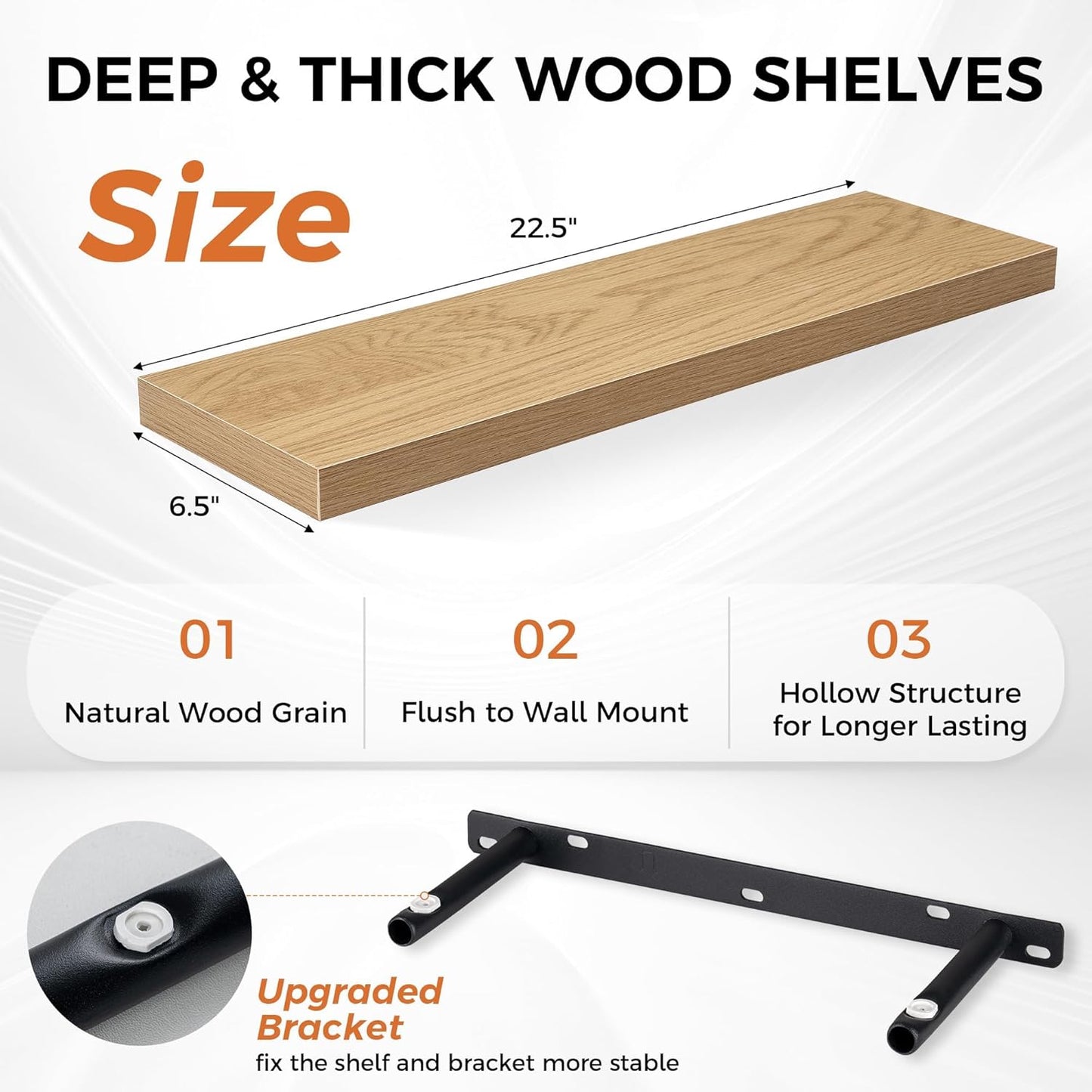 Fun Memories Floating Shelves for Wall, 22.5" Rustic Wood Deep Wall Mounted Shelves with Invisible Brackets for Decor & Storage, Floating Shelf for Living Room, Bathroom (Oak, Set of 2)