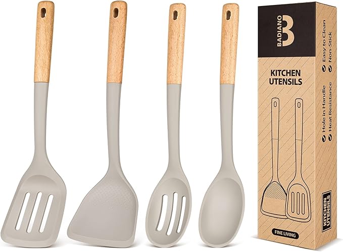 Silicone Cooking Utensils Set, Perfectly Angled for Frying, Mixing,Serving,Draining,Turning and Stirring, BPA-Free Matte Silicone, Wood Handles, Safe for Nonstick Cooking Surfaces,4 Pack (Khaki)