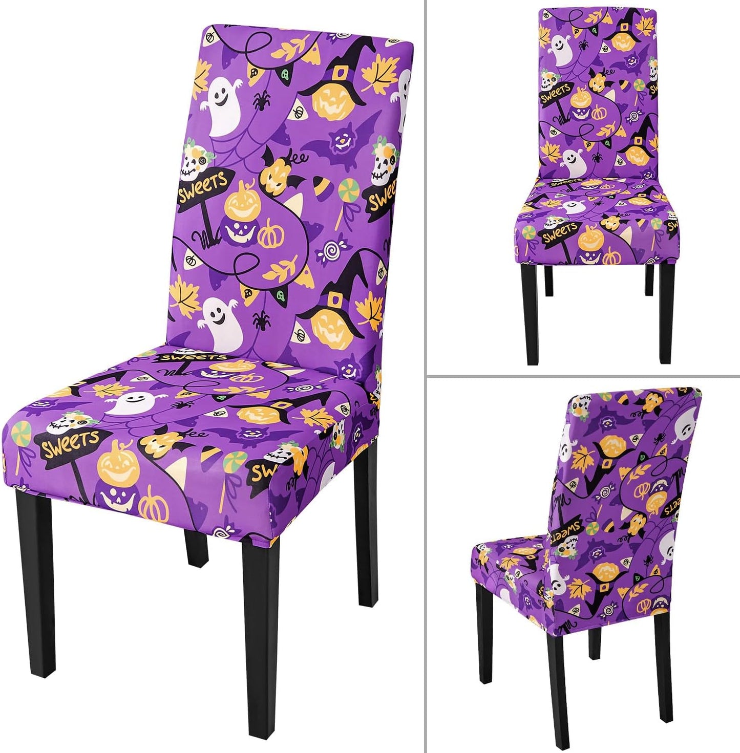 JQinHome Purple Halloween Chair Slipcover, Spider Web Chair Covers Set of 6, High Stretch Washable Chair Protector Cover for Dining Room, Kitchen,Home Party,Wedding Ceremony(Purple Candy,6PC)