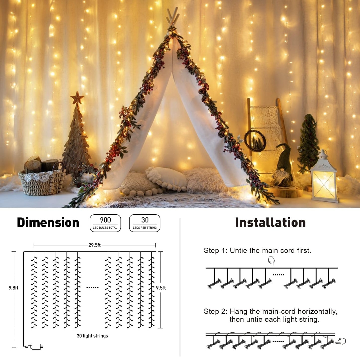 JMEXSUSS 900 LED Outdoor Christmas Curtain Lights, 9.5x29.5ft Christmas Lights Plug in with Remote, Twinkle Hanging String Light for Bedroom Wall Wedding Backdrop Window Gazebo Decor, Warm White