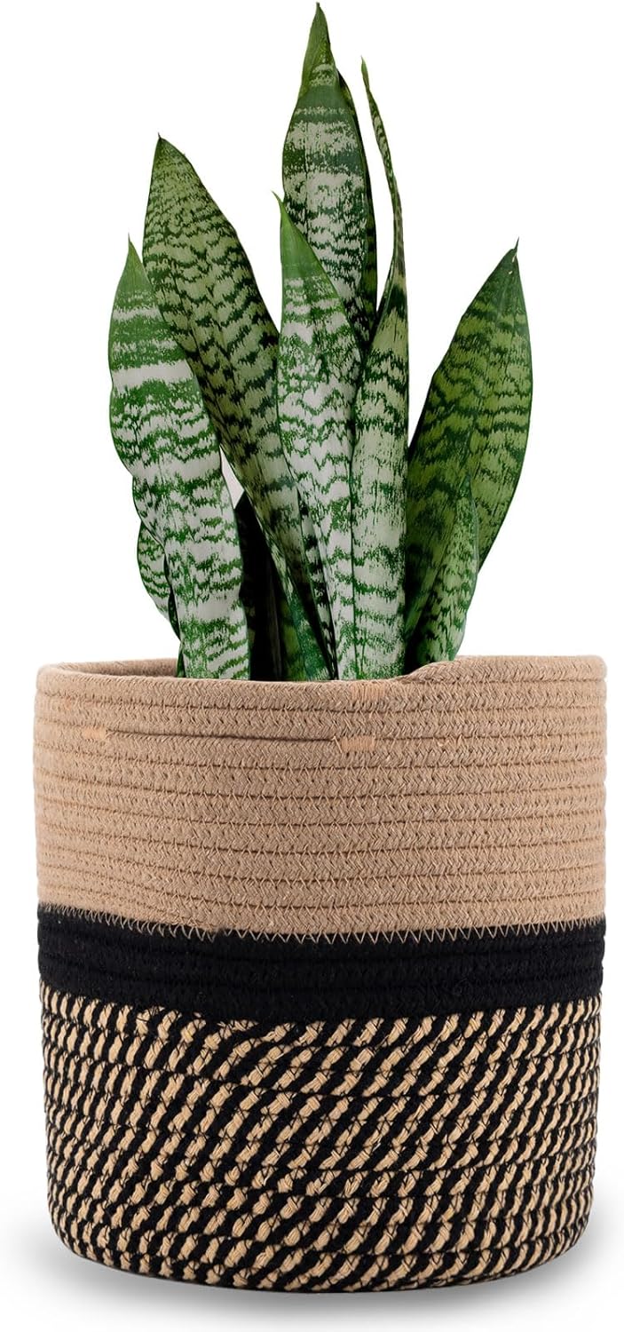 Woven Cotton Rope Plant Basket for 11" Flower Pot Floor Indoor Planters,Storage Organizer Basket Rustic Home Decor (11" x 11",Black and Brown Stripes)