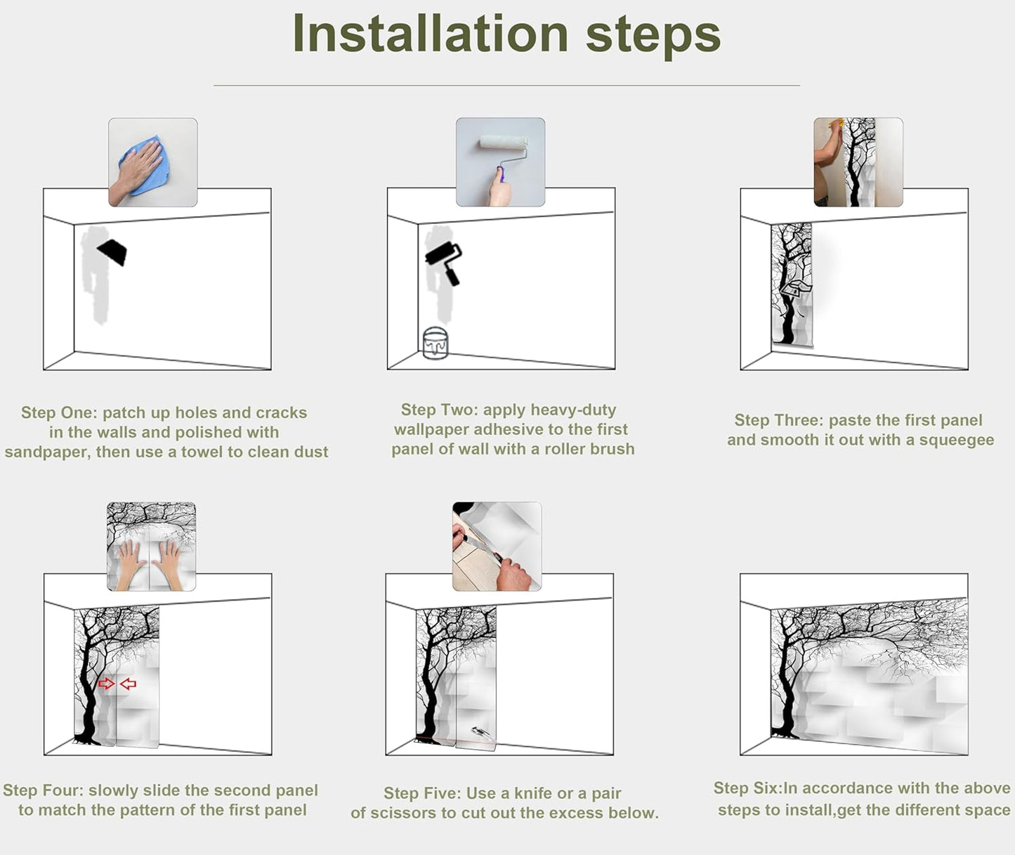 Grey Trees Wallpaper 3D Geometry TV Sofa Background Wall Mural for Bedroom Living Room (Not Peel n' Stick)