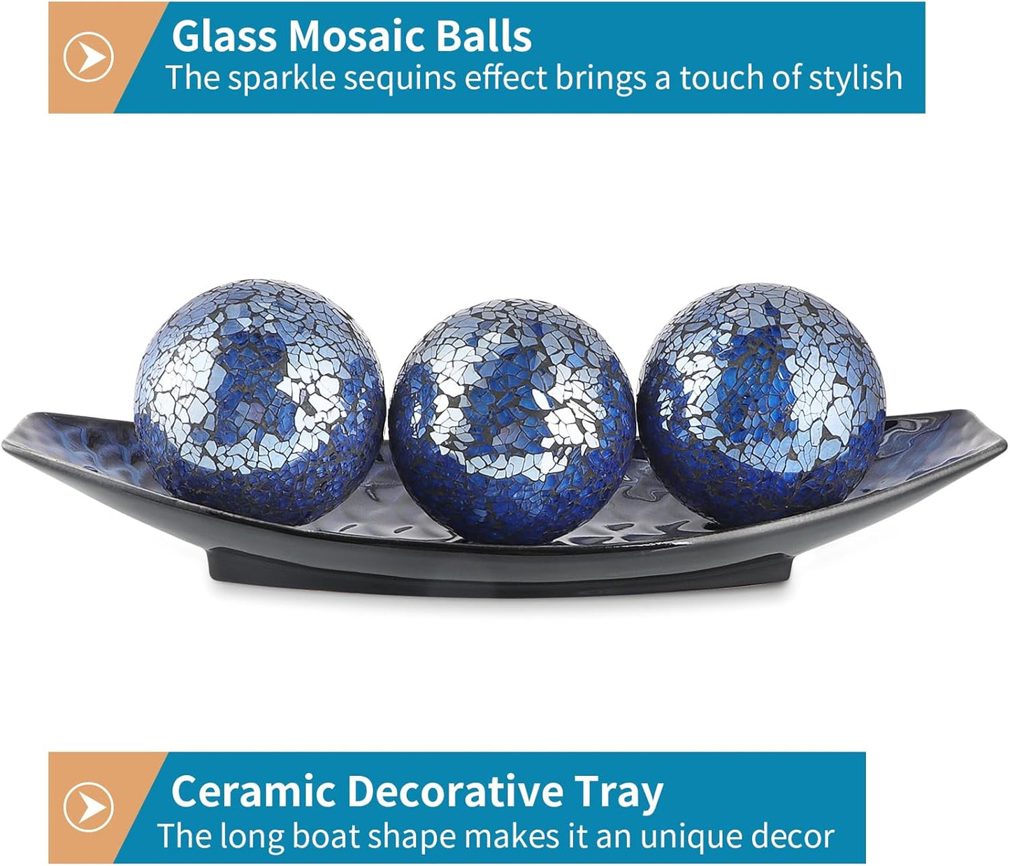 16" Large Ceramic Decorative Tray and 4" Glass Mosaic Balls Set of 4, Long Boat Shaped Centerpiece Bowl and Orbs Set for Home, Party Decor (Blue)
