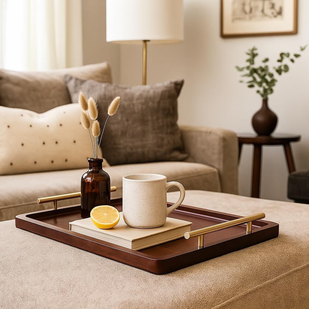 Acacia Wood Serving Tray – 17" x 13" Ottoman Tray with Metal Handles for Coffee Table, Breakfast, Snacks, Tea, Food – Decorative Wooden Tray for Kitchen, Living Room & Bedroom