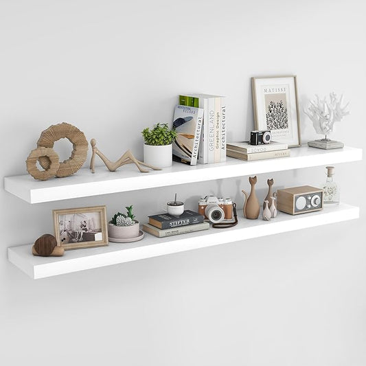 RICHFOCUS 72Inch Floating Shelves for Wall 2 Pack Shelves for Bedroom|Kitchen|Bathroom Wall Mounted Rustic Wood Floating Shelf with Invisible Brackets for Books|Storage|Decor, White