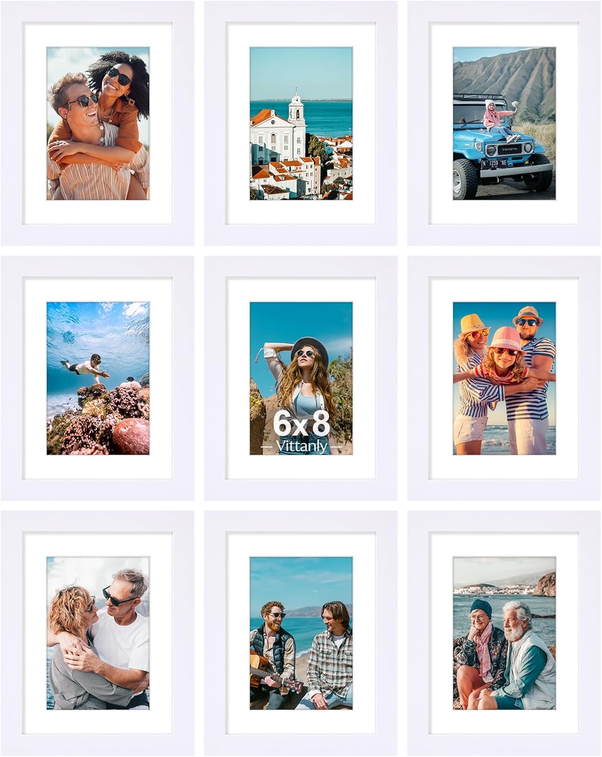 Vittanly 6x8 Picture Frames Set of 9, Shatter Resistant Plexiglass, Display 4x6 Pictures with Mat or 6x8 without Mat, Photo Frames for Wall or Tabletop, Engineered Wood, White
