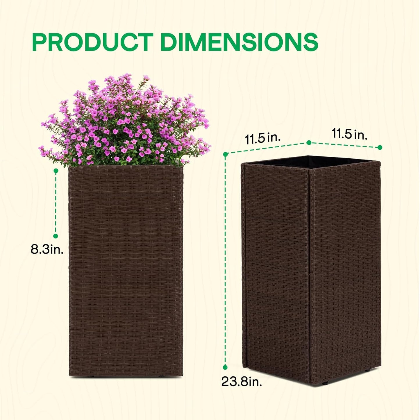 IDZO All-Weather Wicker Planters, Set of 2, 24 in Tall Wicker Planters, Self-Watering with Drainage, Durable PP Material, Raised Garden Bed Alternative, Indoor Outdoor Use, Modern Rattan Design