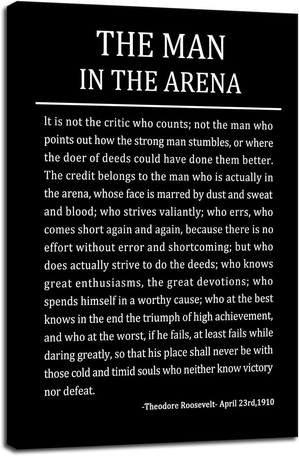 The Man In The Arena Inspirational Canvas Wall Art Motivational Poster Theodore Roosevelt Quotes Canvas Prints Artwork for Living Room Office Home Decor Painting Stretched and Framed [12''Wx 18''H]