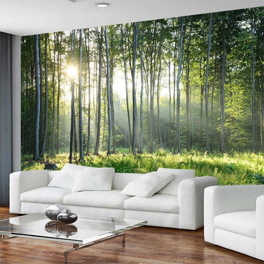 Sunshine Forest Mural Wallpaper Landscape Tree Wallpaper Large Nature Scenery Wall Mural for Living Room (not self-Adhesive)