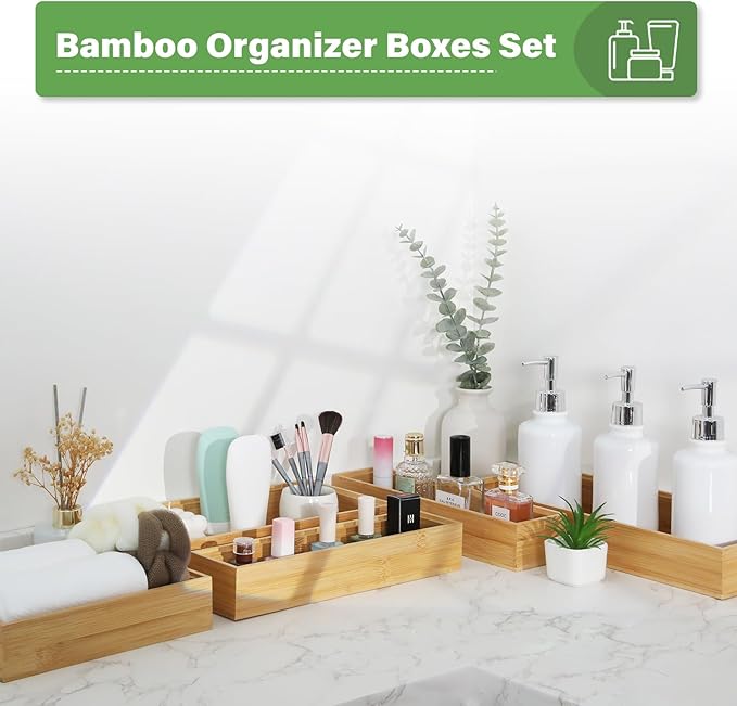 Bamboo Drawer Organizer, 2PCS Stackable Storage Boxes for Utensil Organizer, Wood Tray for kitchen, Bathroom and Bedroom 12" x 3" x 2"