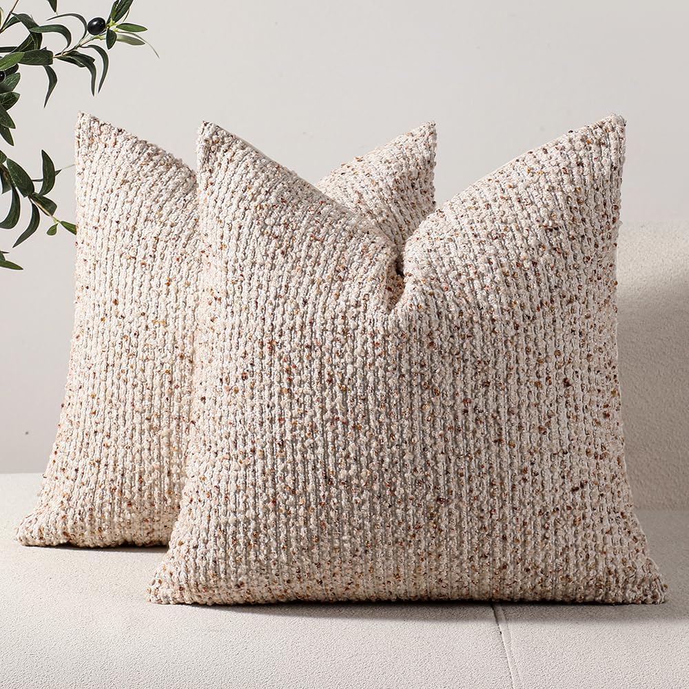 Striped Throw Pillow Covers 20x20 Set of 2 Beige Textured Boucle Chic Morden Boho Accent Farmhouse Square Decorative Couch Pillow Covers for Home Decor Bed Sofa Living Room