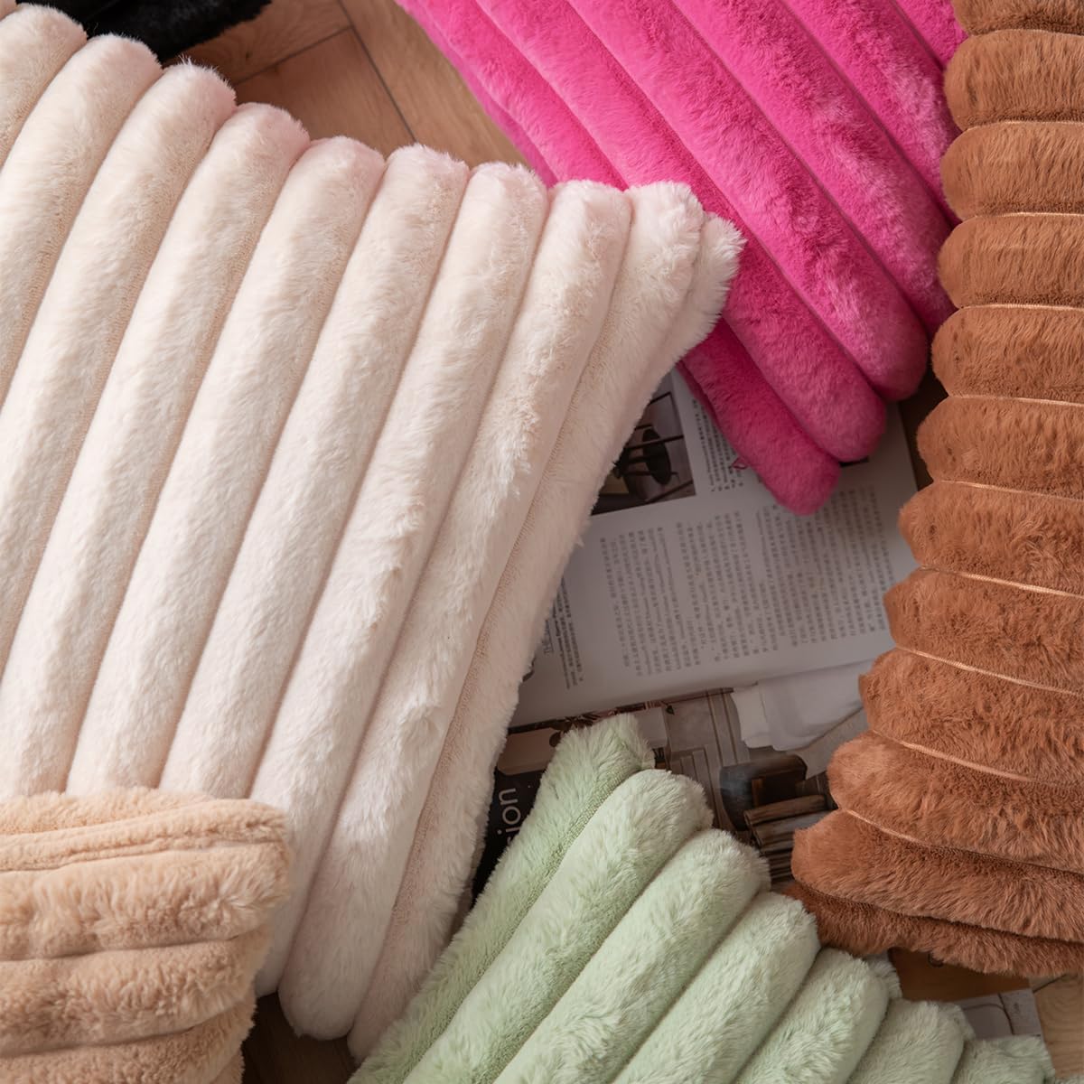 DEELAND Pack of 2,Double-Sided Faux Fur Plush Decorative Throw Pillow Covers Fuzzy Striped Soft Pillowcase Cushion Covers for Sofa Couch Bedroom Beige 18x18 inch