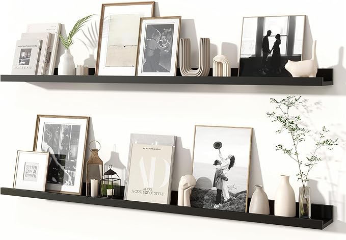 Fun Memories Picture Ledge Shelves Set of 2, 48 Inch Rustic Wall Mounted Floating Shelves with Lip for Home Storage and Décor in Bathroom, Kitchen, Nursery, Bedroom, Living Room, Black