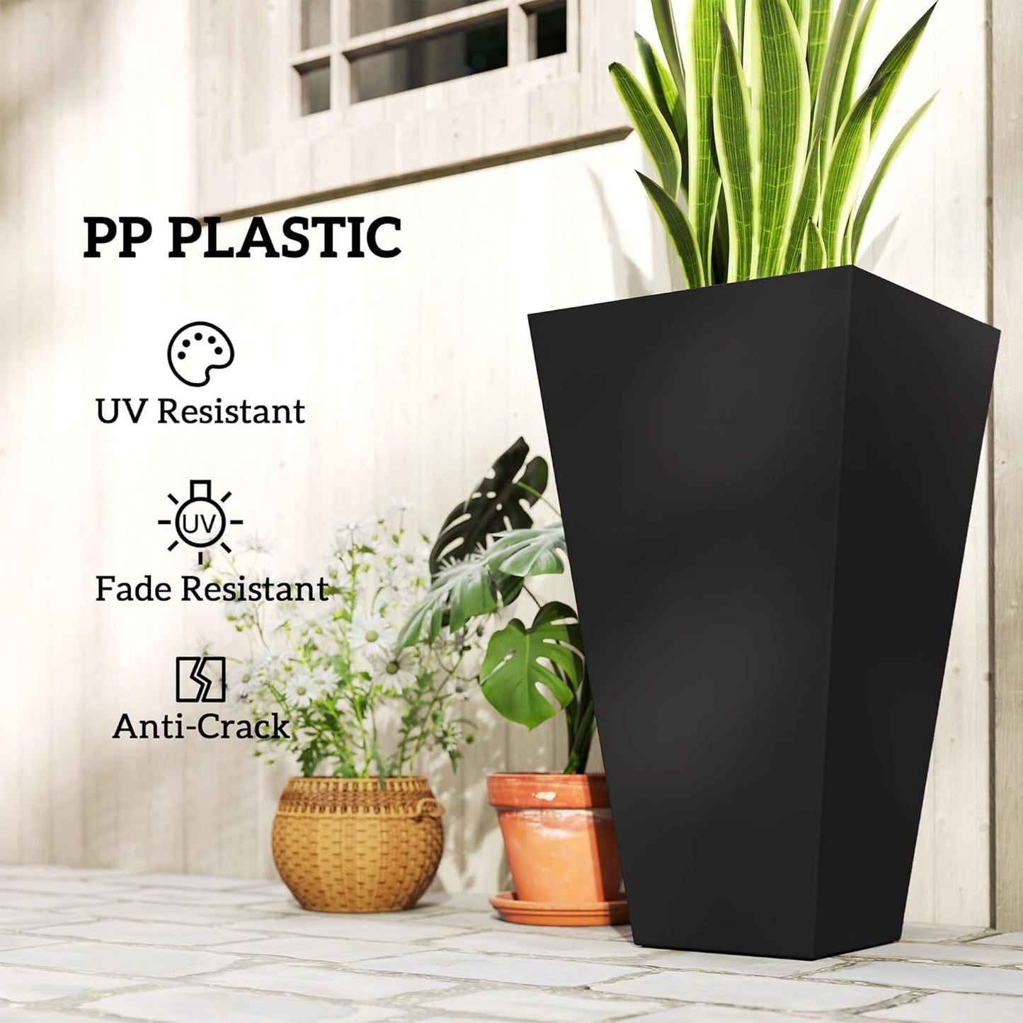 Outsunny Tall Planters for Outdoor Plants Set of 3, 28 in Taper Planters with Drainage Holes, Indoor Grande Plant Pots, Front Porch Decor (Black)