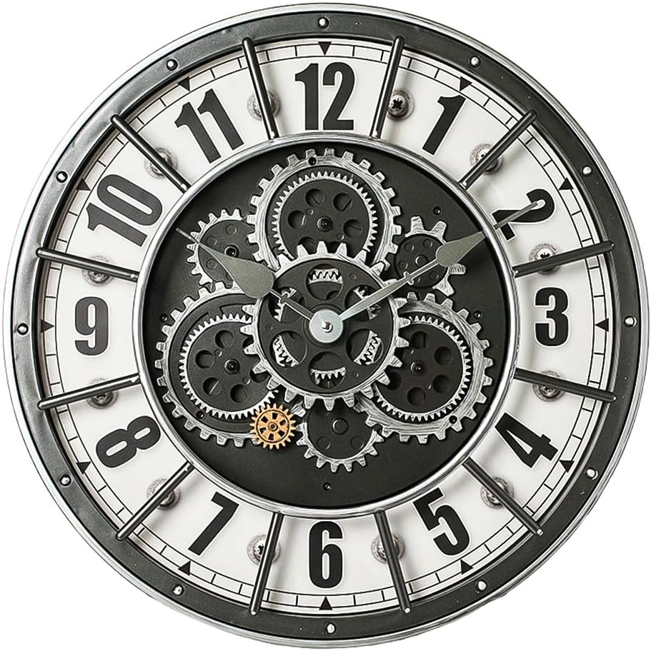 18 Inch Wall Clock with Moving Gears, Oversized Large Industrial Steampunk Decoration, Antique Metal Big Numeral Wall Clocks for Kitchen Study Room Living Room Decor (Industrial Metal Silver-White)