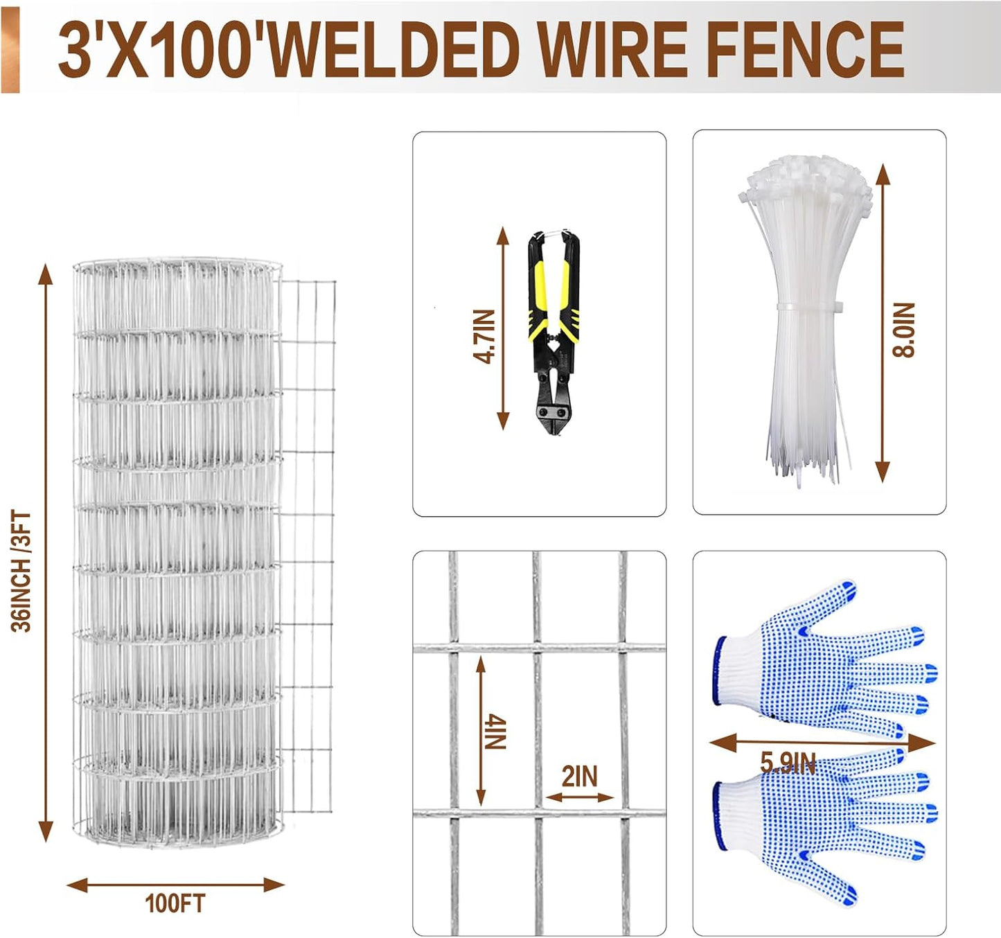 Tongmo 3 ft x 100 ft Galvanized Welded Wire Fence, 16GA Garden Chicken Wire Fence Roll, Mesh Size 2" x 4"Hardware Cloth, Ideal for Yard Protection and Poultry Netting