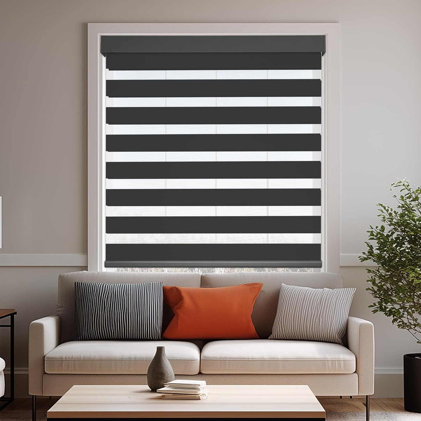 HESTIA Cordless Zebra Blinds Light Filtering Roller Shades UV Blocking Blackout Privacy Indoor Window Shades for Home Office Day and Night, Black,27" W x 48" H