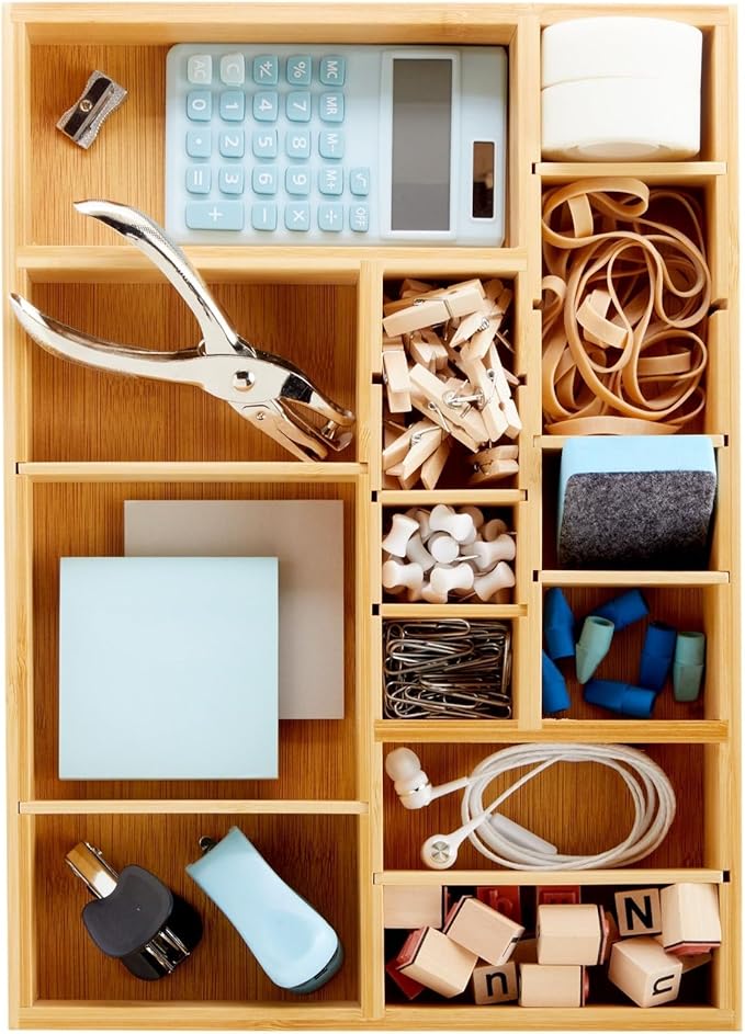Juvale Drawer Organizer Tray - 14 x 10 x 2 In Brown Bamboo - 8 Adjustable Dividers for Custom Storage - Silverware & Utensil Organizer - Desk Drawer Divider - Versatile Wooden Divided Tray
