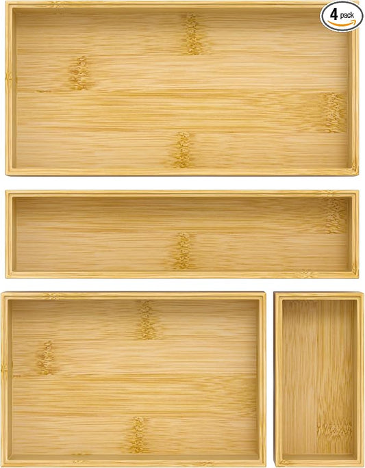 Silverware Bamboo Drawer Organizer Tray, 4 PCS Kitchen Drawer Organizer Storage for Utensil Cutlery, Bathroom, Office Desk, Makeup