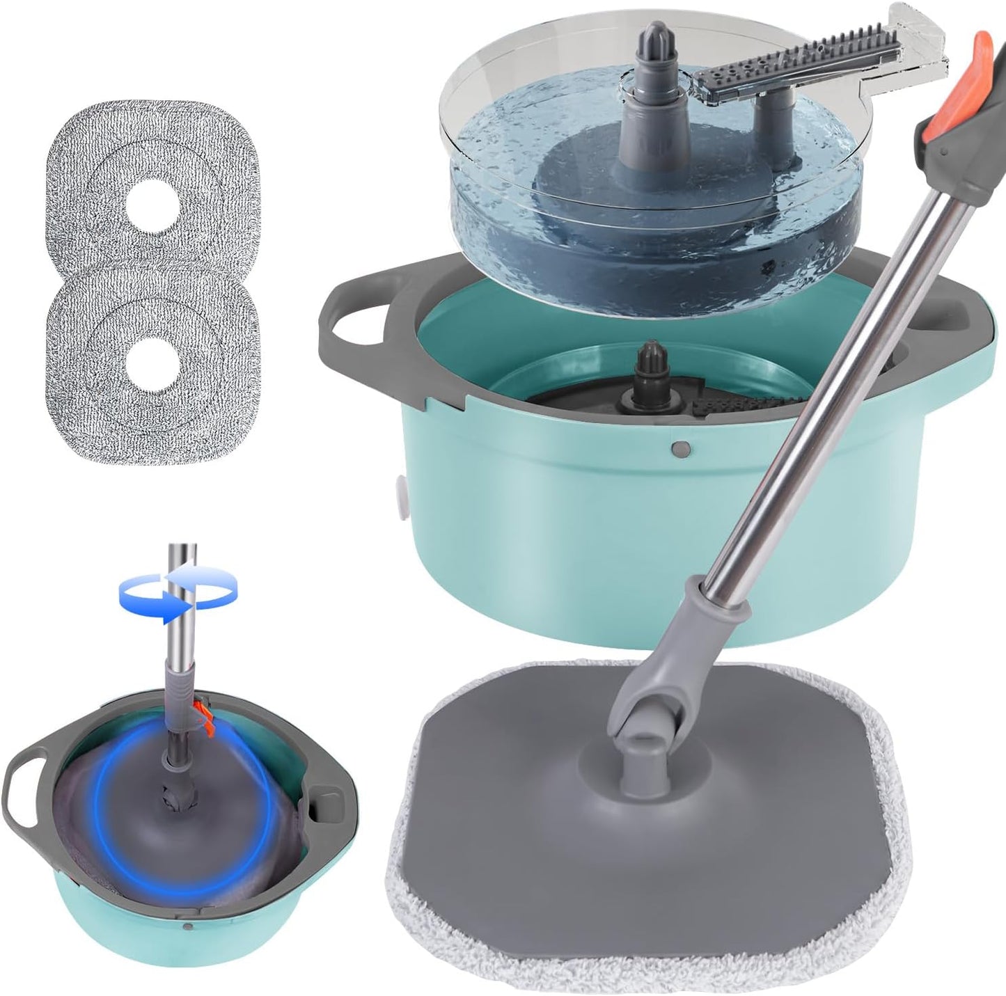 Spin Mop and Bucket with Separate Dirty and Clean Water,360° Spin Mop and Bucket System with Widening Foldable Handle,2 Replaceable Mop Pads,Square Mop for Floor Hardwood Tile Marble Wall Cleaning