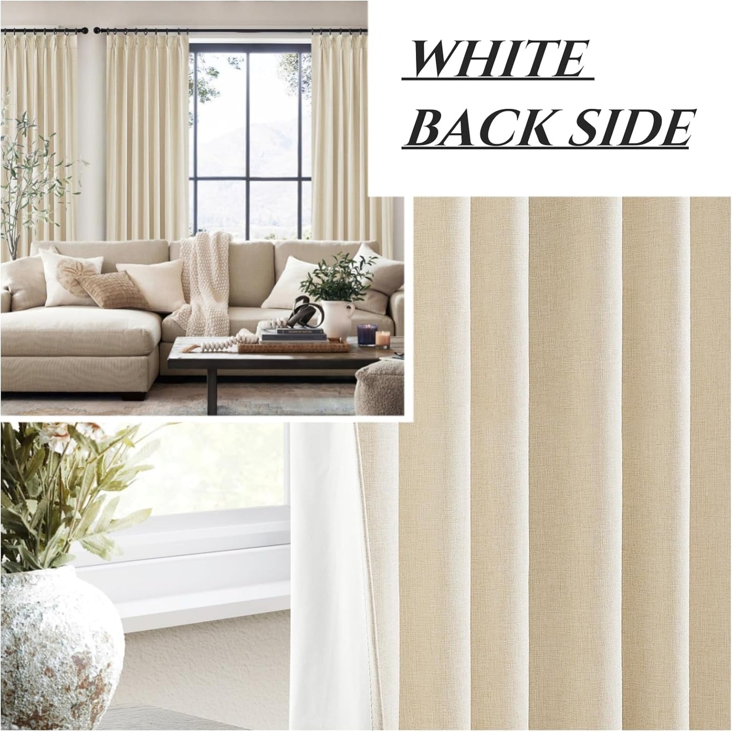 Pinch Pleated Linen Curtains with Hooks and Rings Blackout Curtains 102 Inches Long Custom 8-1/2ft Tall Privacy Window Treatments Beige Wheat Oatmeal Aesthetic Drapes for Bedroom 2 Panels Burg