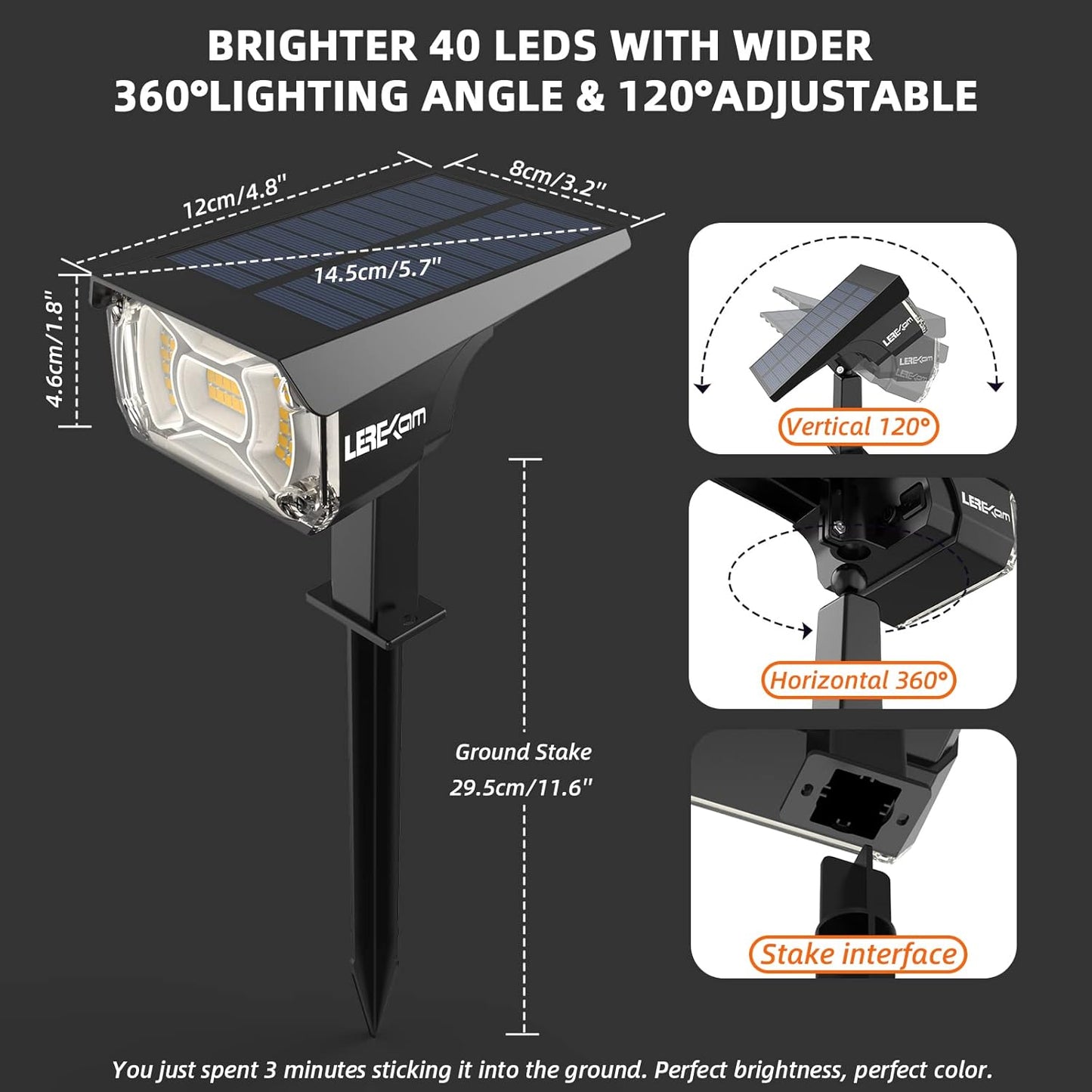 3 Brightness Modes Solar Outdoor Lights, 360 Degree Adjustable Lighting Angle with 40 LED's, Spotlights Outdoor Waterproof Auto On or Off Solar Garden Lights 8 Pack