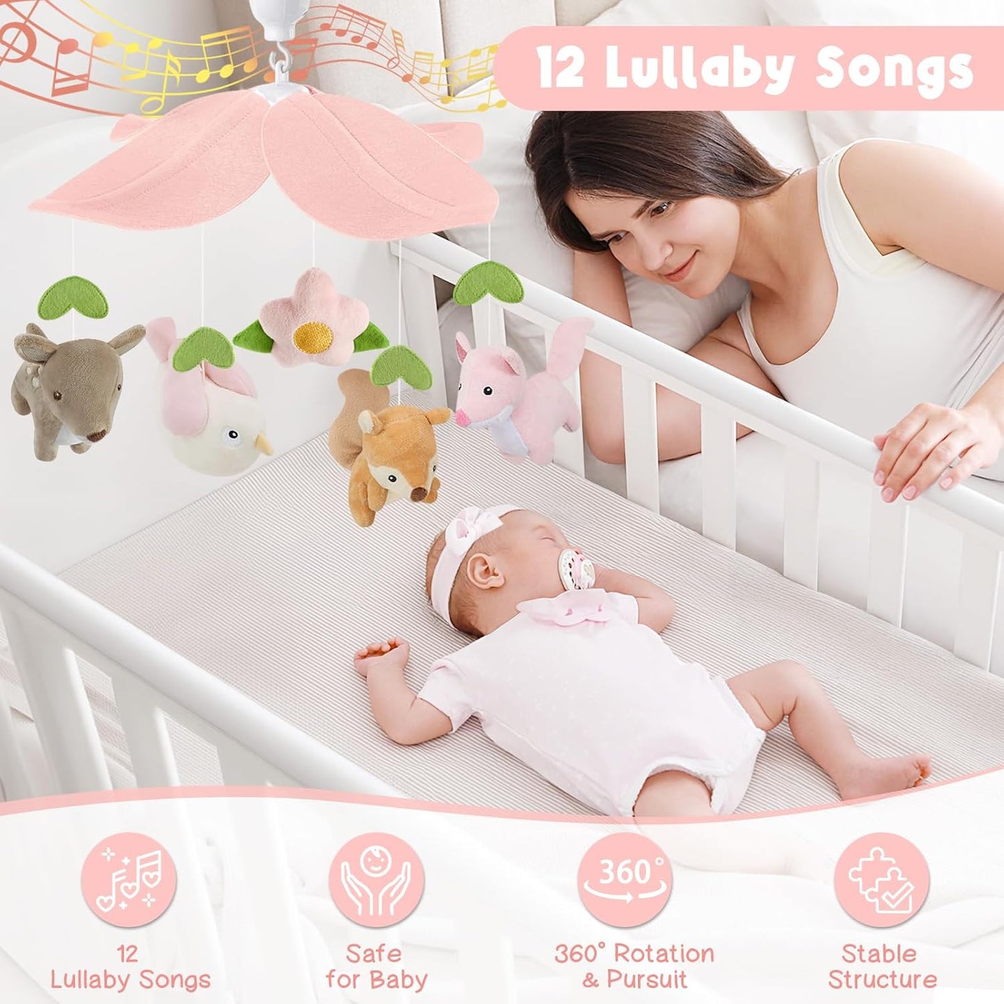 Woodland Crib Mobile for Girls – Cute Animals Baby Mobile for Crib with Upgraded 3-Mode Music Box, Pink Nursery Mobiles, Fits Standard Cribs, Forest Nursery Decor