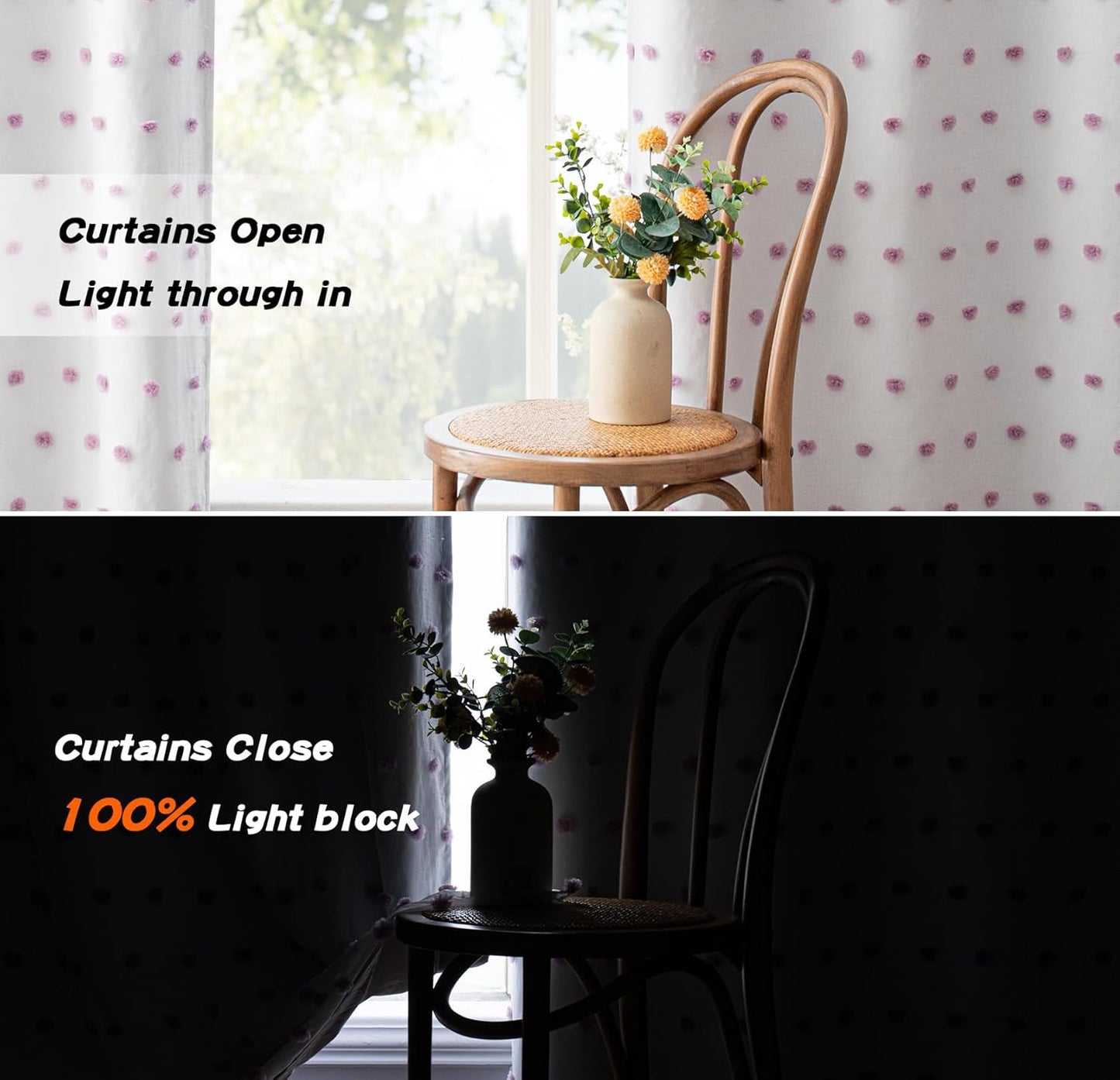 MYSKY HOME 100% Blackout Curtains for Living Room 95 Inch Long Total Light Blocking Curtains for Sliding Door 2 Panels Grommet Room Darkening Girls Bedroom Drapes with Purple Pom Pom Sheer 52 x 95 in