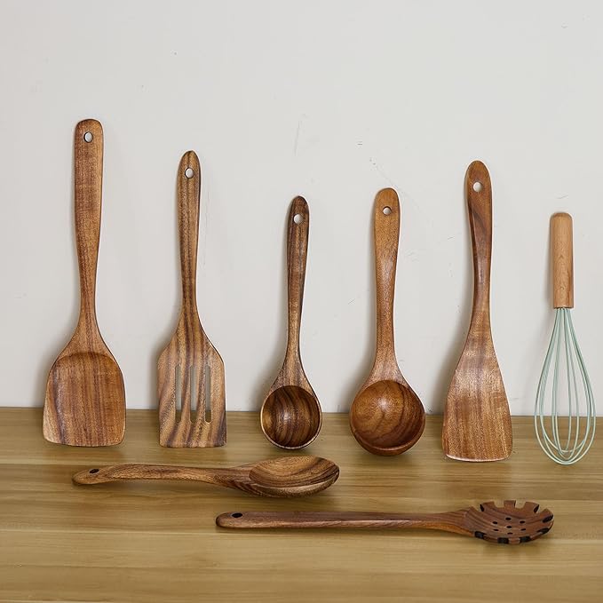 Wooden Kitchen Utensils Set, Teak Wood Cooking Spoons for Non-Stick Pans, 8 Pieces