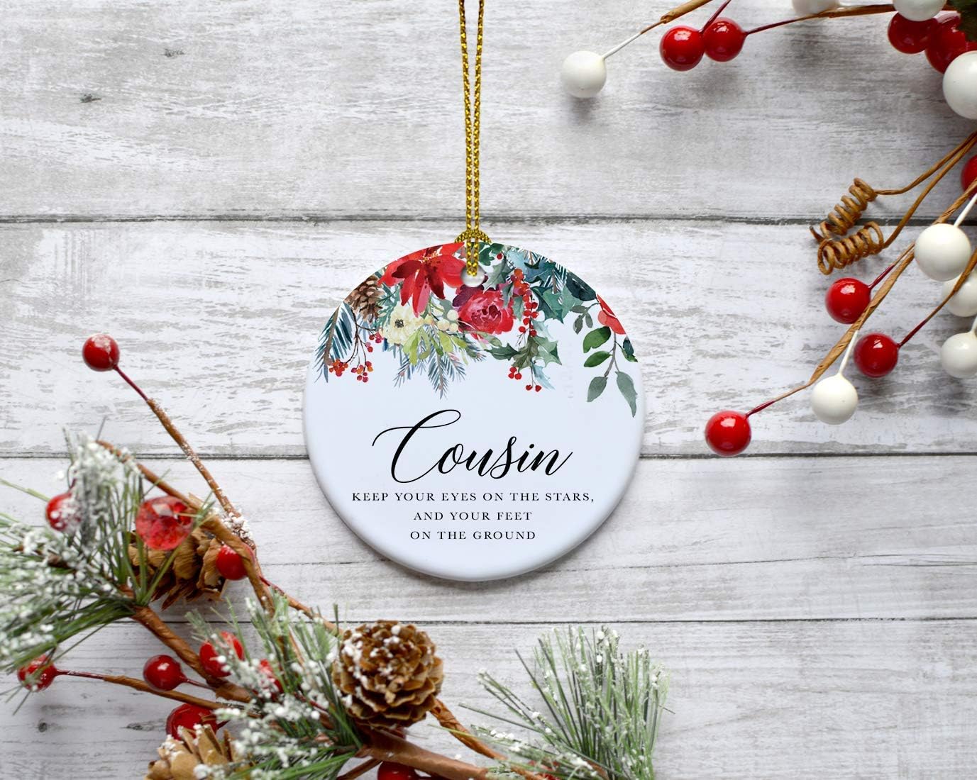 Andaz Press Round Ceramic Porcelain Christmas Tree Ornament Keepsake Gift for Cousins, Cousin Keep Your Eyes on The Stars, and Your Feet on The Ground, 1-Pack