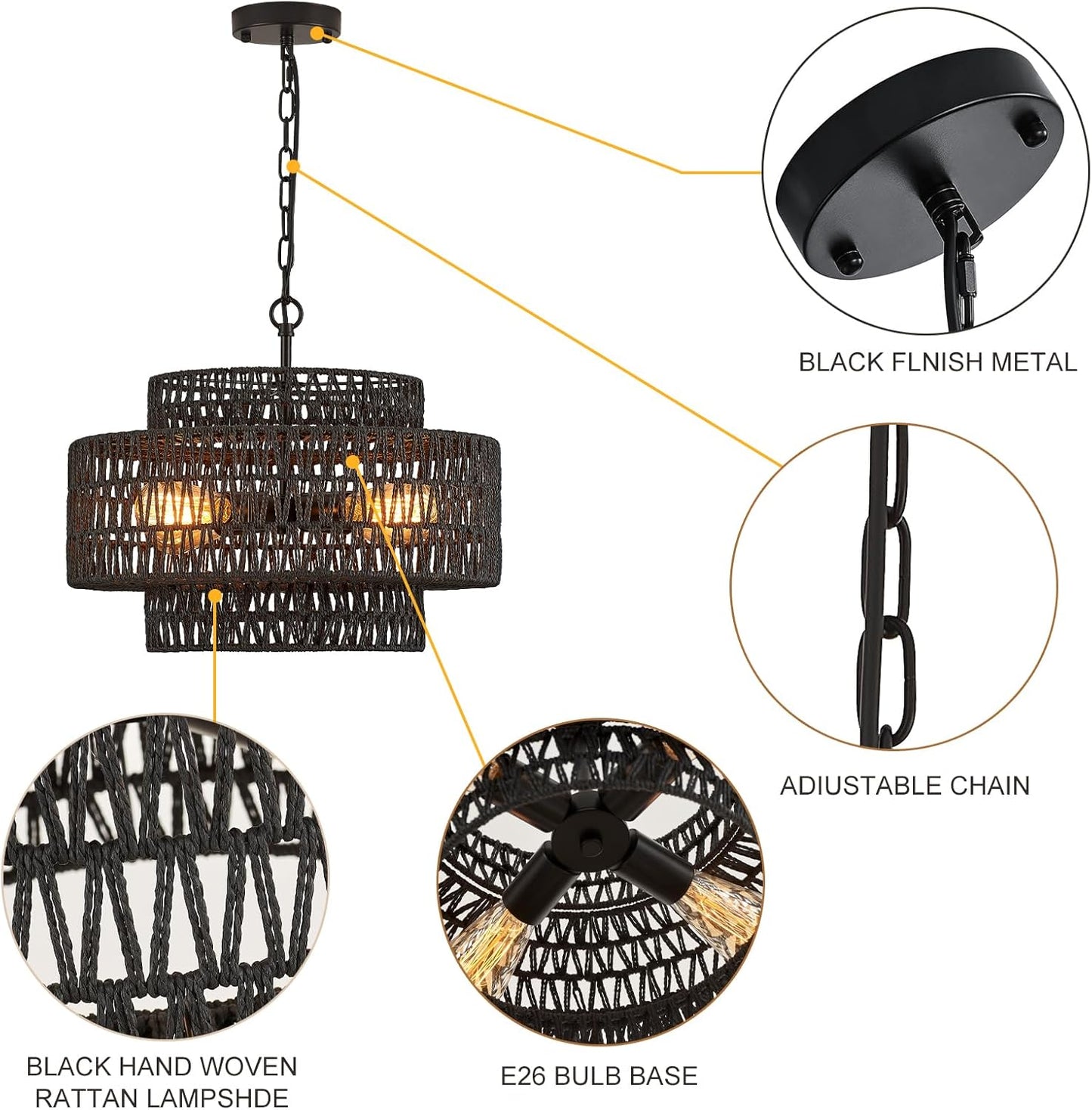 Hand-Woven Rattan Chandelier Vintage 4-Lights Farmhouse 17.7" Boho Bamboo Chandeliers Light Fixture Retro 3-Tier Drum Wicker Rattan Black Chandelier for Dining Room, Kitchen, Bedroom,Foyer